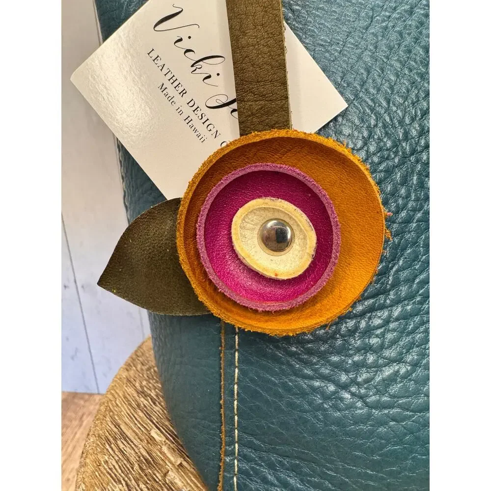 Genuine Leather Round Flower Purse Charm Tan Hot Pink White Boho Bag Charm